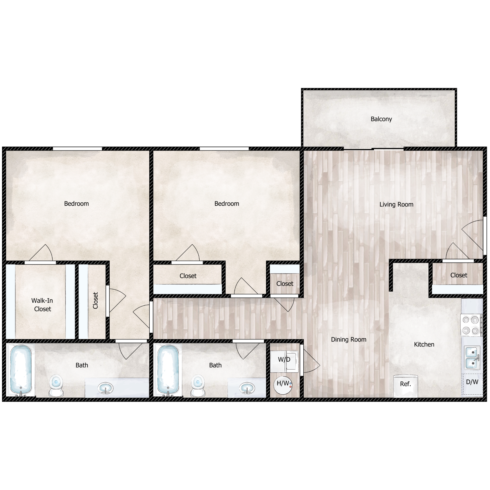 Floor plan for 2 beds, 2 baths, 960 sqft